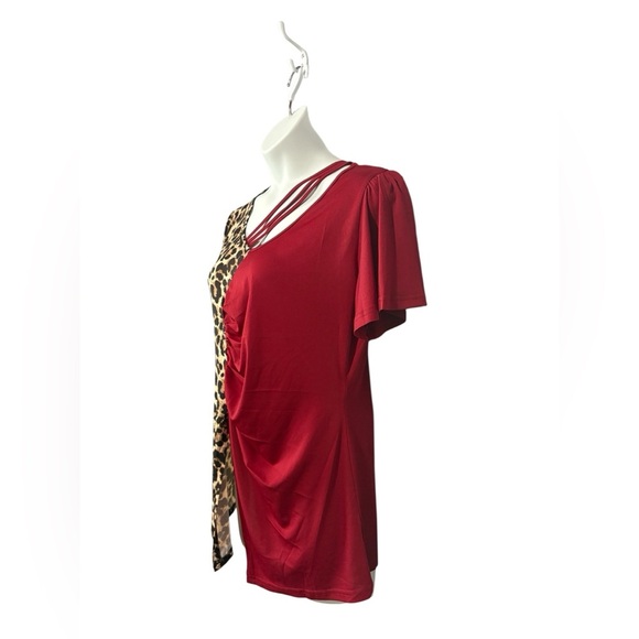 NWOT, Emery Rose, Stretch Asymmetrical Leopard And Red Blouse, 2X - Picture 4 of 11